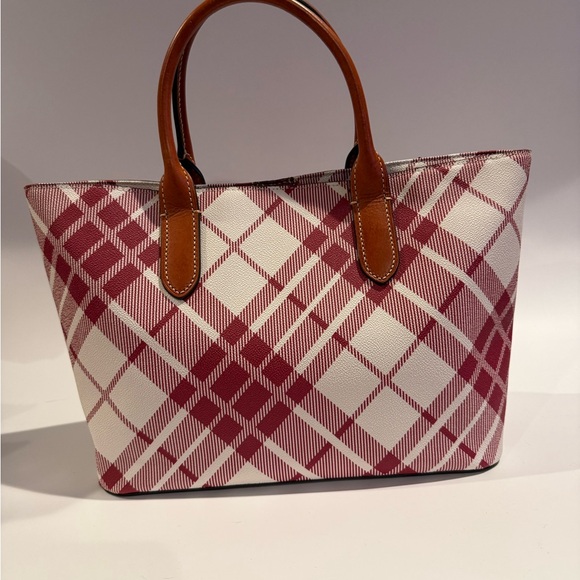 Dooney & Bourke Coated Cotton Brielle Tote in the Cranberry Plaid - Picture 2 of 11